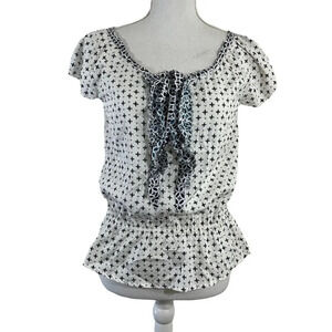 The Gap Small Ruffled Top Peplum Smocked Puff Short Sleeve White Blue Geometric